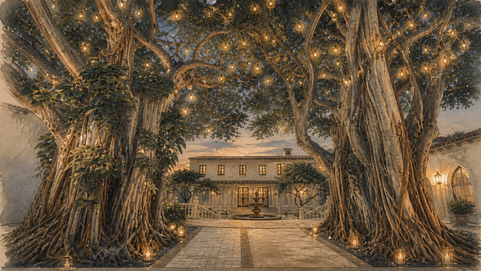 Painterly evening view of The Addison courtyard framed by its century-old banyan trees