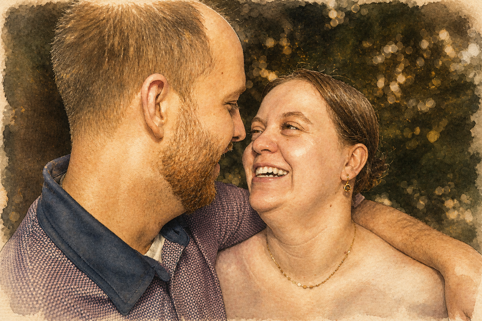 Watercolor portrait of Jordyn and Tim laughing together after their engagement
