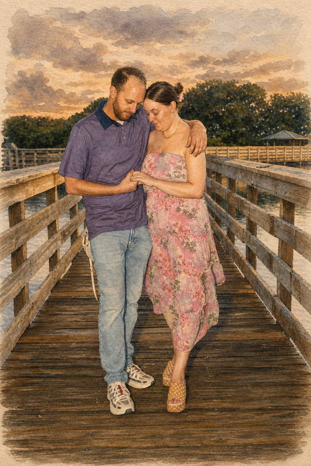 Watercolor portrait of Jordyn and Tim walking together after their engagement