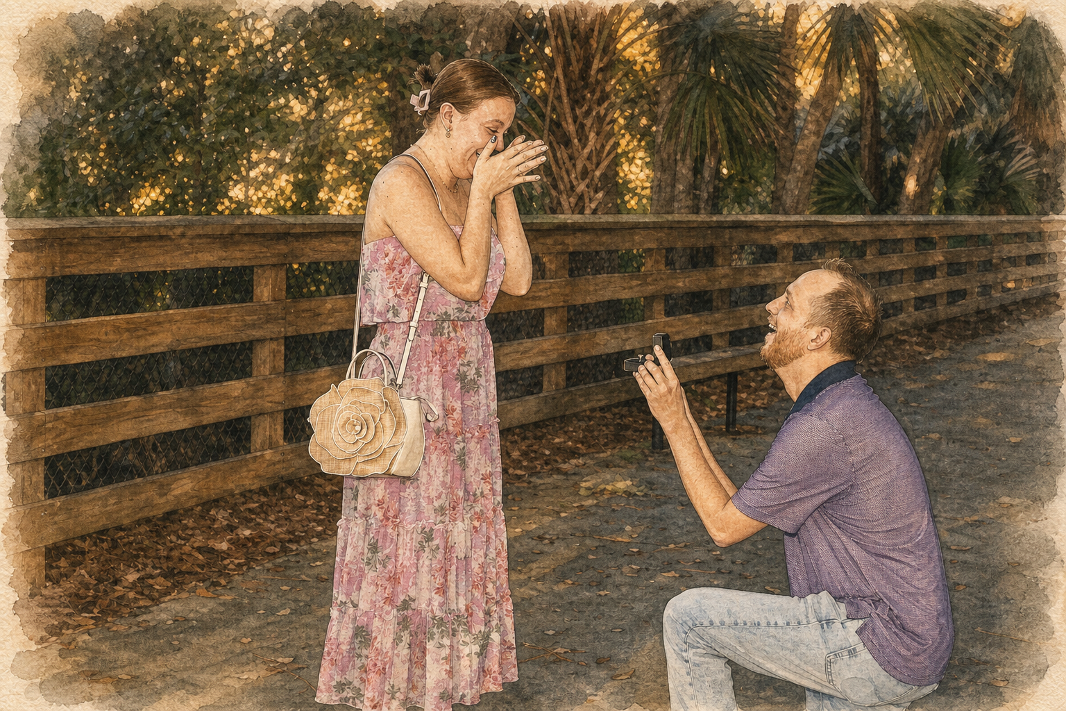 Watercolor portrait of Tim proposing to Jordyn on a tree-lined boardwalk